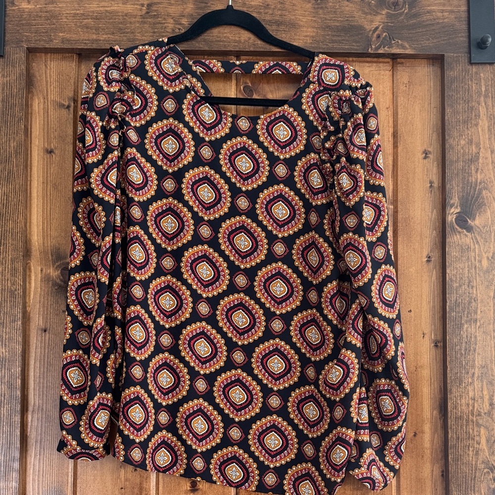 LOFT Burgundy and Gold Medallion Long-Sleeve Blouse